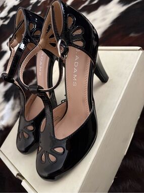 J. Adams Black Patent T-Strap Cutout Heels | 5.5